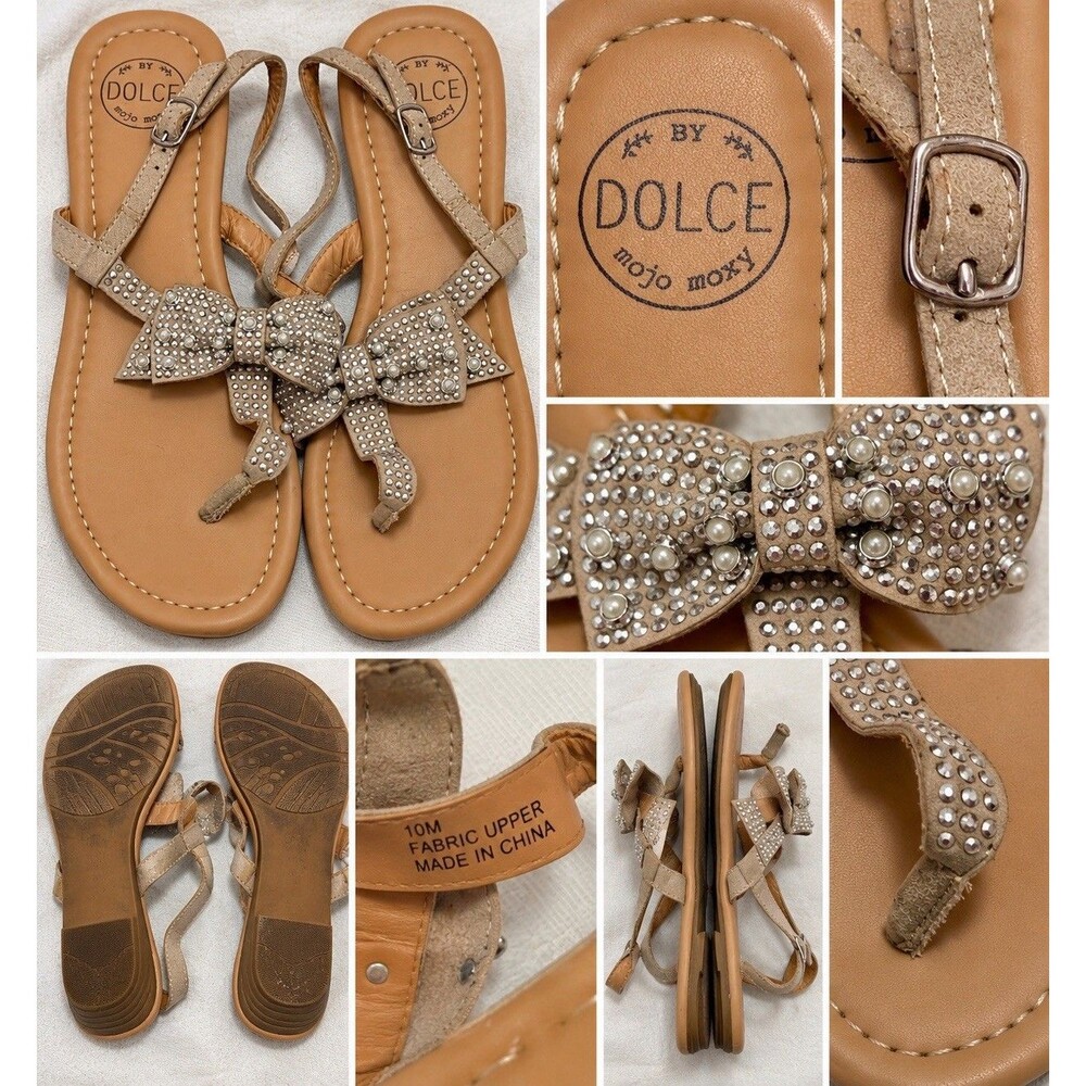 Dolce Mojo Moxy 10M Bow Sandals Rhinestone Pearl Beige Bridal Balletcore Glam